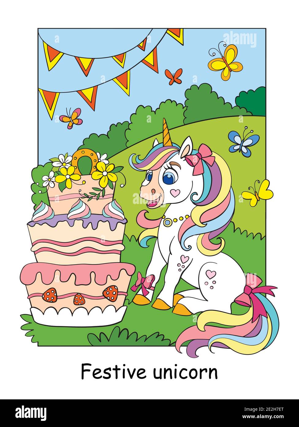 Adorable licorne célébrant un anniversaire sur un pré avec un gros gâteau. Illustration de dessin animé vectoriel colorée isolée sur blanc. Pour l'impression, le design, les cartes, le puzzle, Illustration de Vecteur