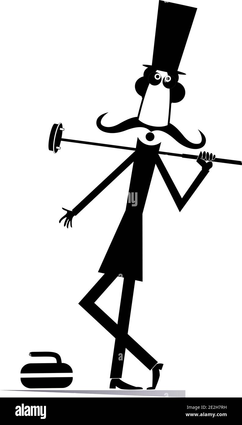 Moustache homme dans le chapeau haut joue le curling isolé illustration. Moustache gentleman dans le chapeau supérieur avec brosse à friser et pierre noire sur blanc Illustration de Vecteur