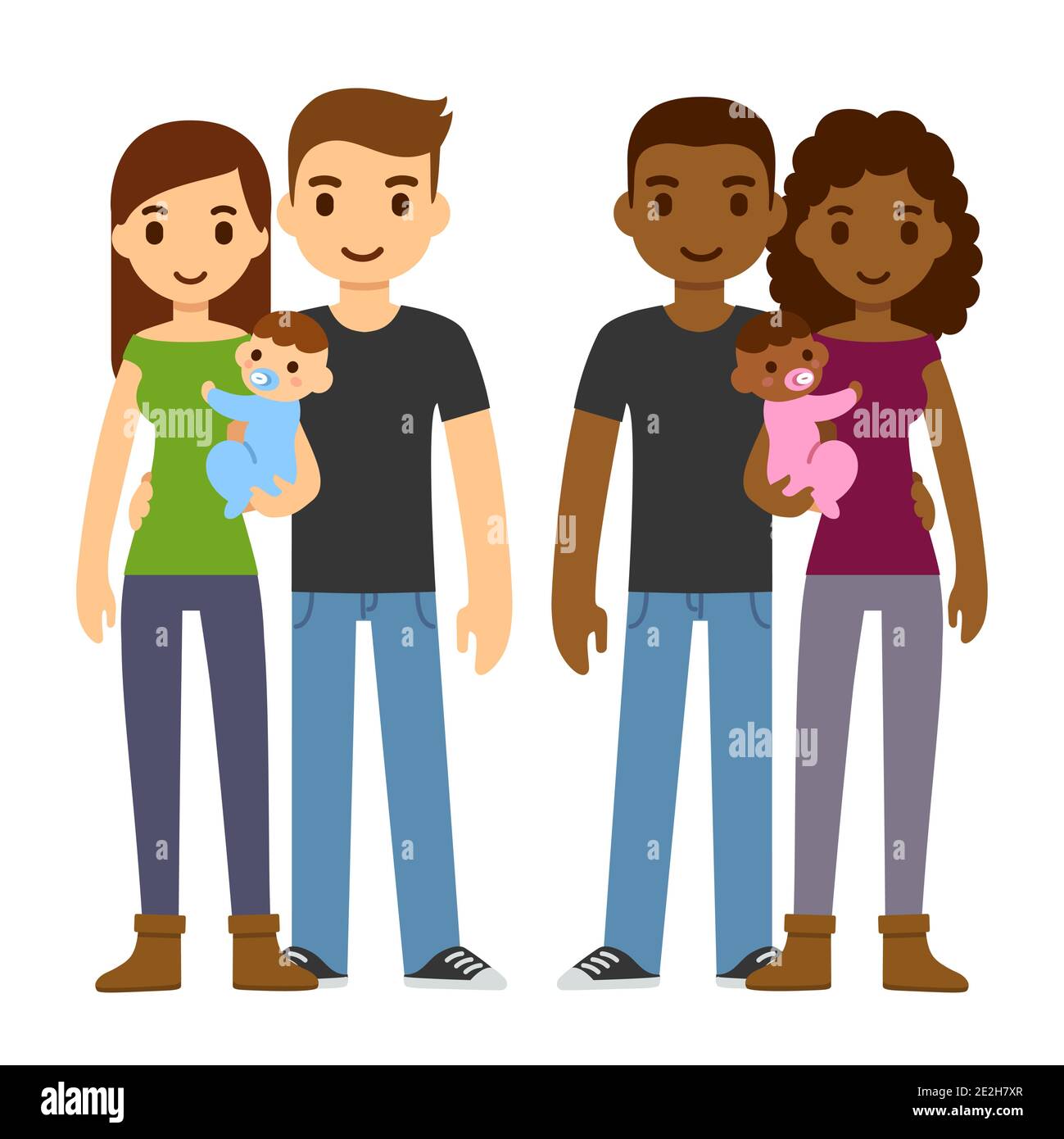 Mignon dessin animé jeunes couples, caucasien et noir, tenant bébé nouveau-né. Illustration de clip art vectoriel isolée. Illustration de Vecteur