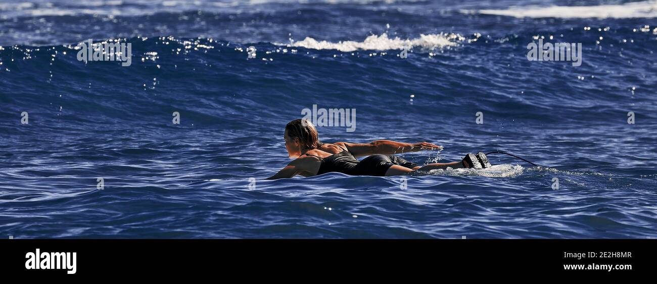 Belle jeune femme apprend à se tenir sur une planche de surf. École de surf. Sports nautiques, océan Atlantique République dominicaine. 29.12.2016. Banque D'Images