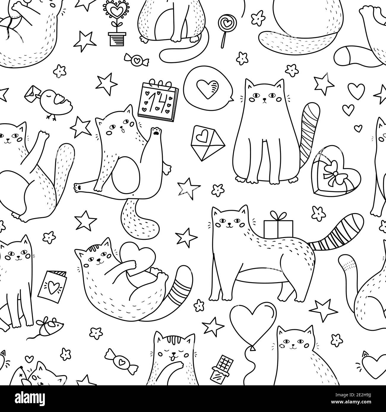 Des chats amusants avec des cadeaux, des ballons et des bonbons. Motif Saint-Valentin sans coutures. Illustration vectorielle noire et blanche. Page de coloriage. Illustration de Vecteur