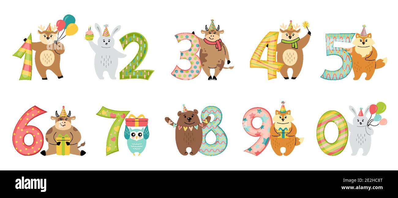Salutation Joyeux anniversaire animal avec numéro dessin animé ensemble. Féliciter l'enfant anniversaire. Chevreuil plat et lièvre, chouette de taureau et renard, ours. Personnage de dessin animé dessiné à la main dans un chapeau. Illustration vectorielle isolée Illustration de Vecteur