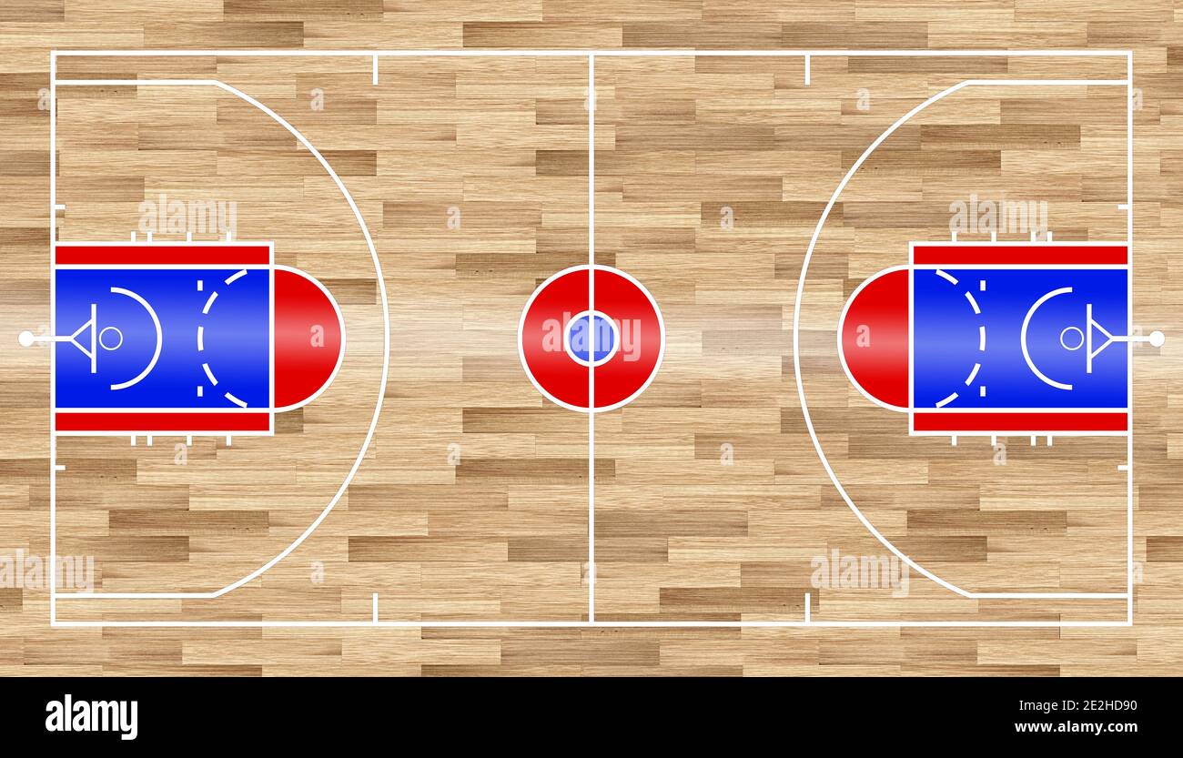 Rouge bleu blanc terrain de basket-ball standard Etats-Unis taille de terrain nationale avec fond de plancher intérieur en bois. Équipe basket ball sport récréation compétition co Banque D'Images