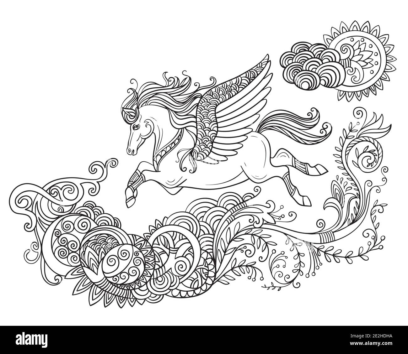 Dessin d'un cheval isolé avec des ailes et une longue manie. Style enchevêtrement pour livre de coloriage pour adultes, tatouage, t-shirt design, logo, signe. Illustration stylisée de ho Illustration de Vecteur