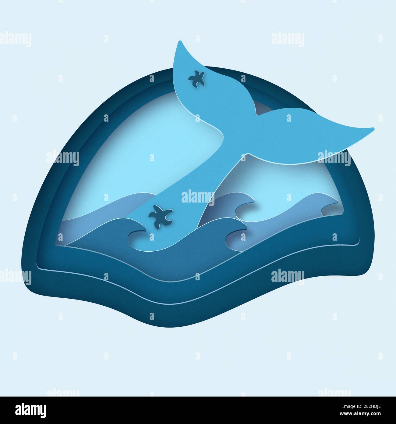 Illustration vectorielle en papier découpé avec vagues de mer et queue de baleine. Arrière-plan pour la journée mondiale de l'océan Illustration de Vecteur