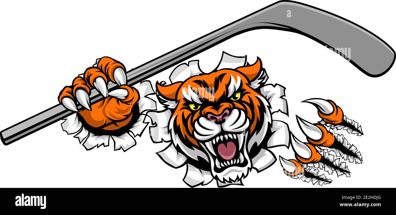 Joueur de Hockey sur glace tigre Mascotte Sports Animaux Illustration de Vecteur