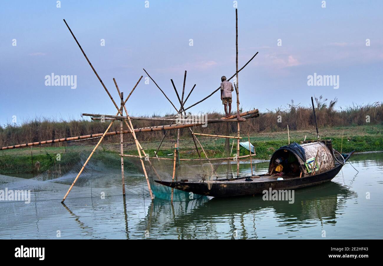 Région de Baharampur, Bengale-Occidental, Inde. Méthode de pêche artisanale par la partie de la rivière Hooghly du Gange avec un filet de bambou carré plongé dans l'eau par Banque D'Images