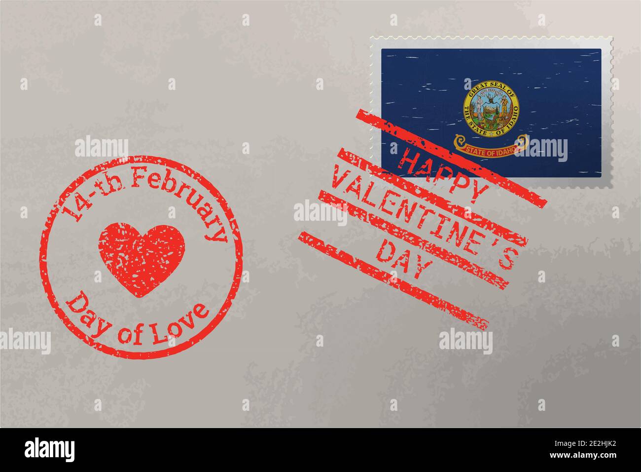 Enveloppe de timbre-poste avec drapeau américain de l'Idaho et timbres de Saint-Valentin, vecteur Illustration de Vecteur