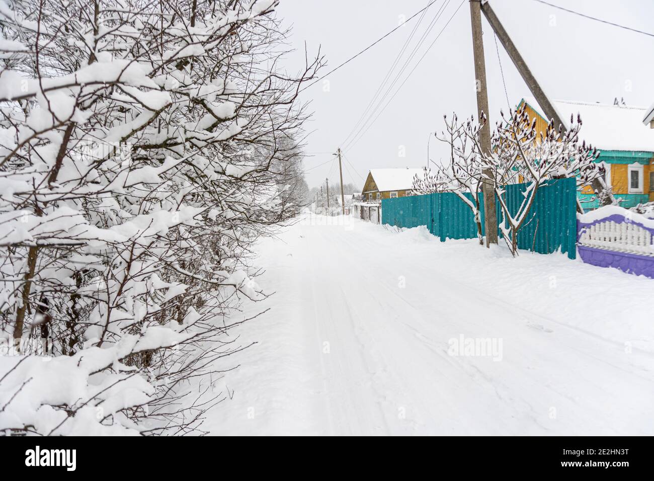 Longue route du village couverte de neige, neige sur les arbres, maisons du village, power pole en hiver Banque D'Images Longue route du village couverte de neige, neige sur les arbres, maisons du village, power pole en hiver Banque D'Images