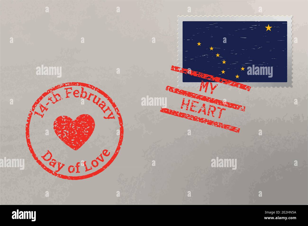 Enveloppe de timbre-poste avec drapeau américain de l'Alaska et timbres de la Saint-Valentin, vecteur Illustration de Vecteur