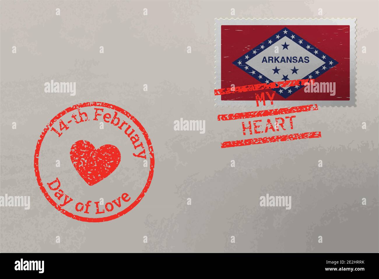 Enveloppe de timbre-poste avec drapeau des États-Unis de l'Arkansas et timbres de la Saint-Valentin, vecteur Illustration de Vecteur