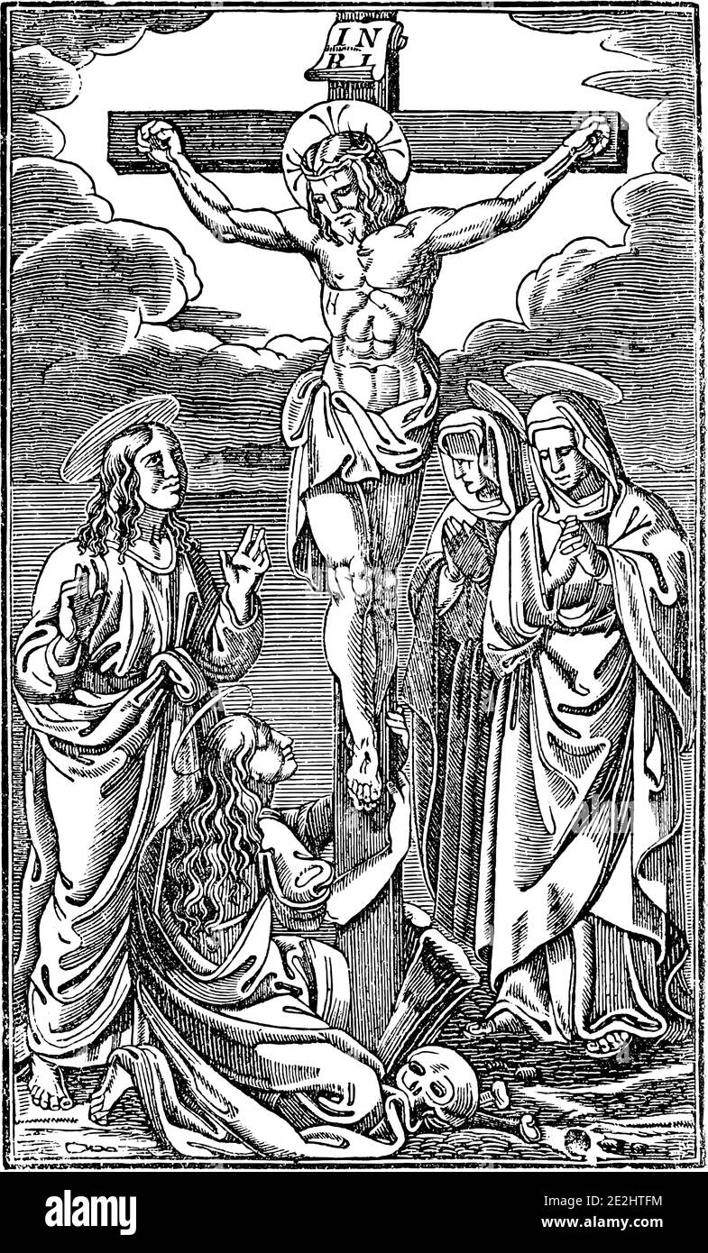 Jésus Christ crucifié meurt sur la croix entourée de femmes comme Marie Magdalena ou Vierge Marie. Illustration de Vecteur