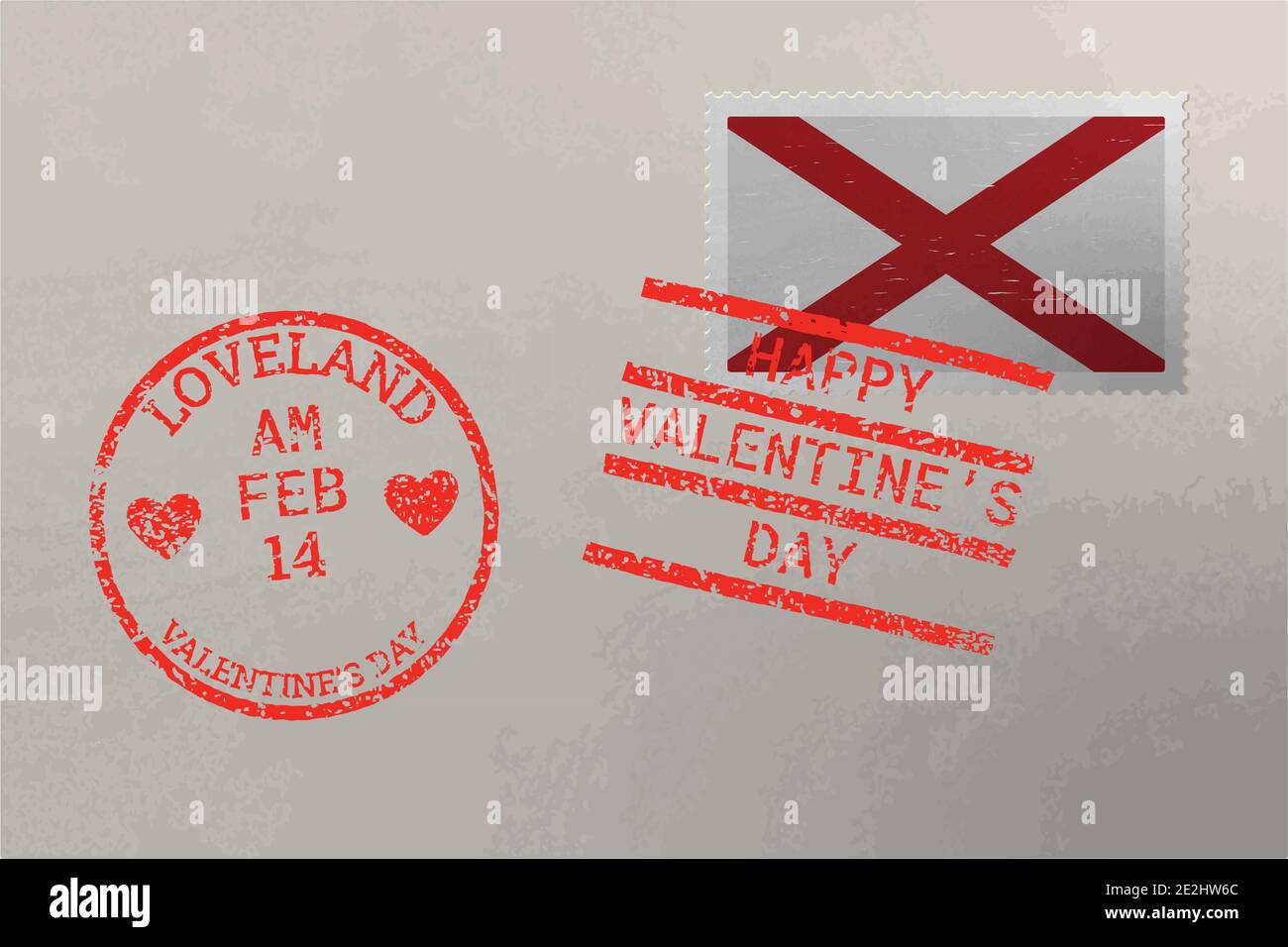 Enveloppe de timbre-poste avec drapeau américain Alabama et timbres de Saint-Valentin, vecteur Illustration de Vecteur