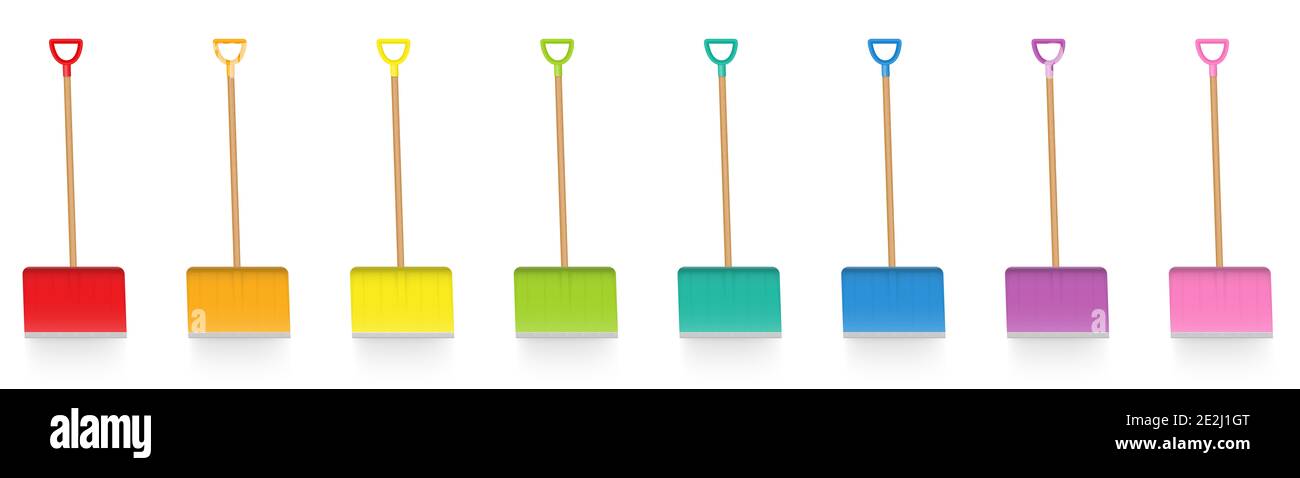 Ensemble de pousseur à neige, pelles à neige colorées, collection colorée d'outils de service de déneigement, outils d'hiver amusants - illustration en blanc. Banque D'Images