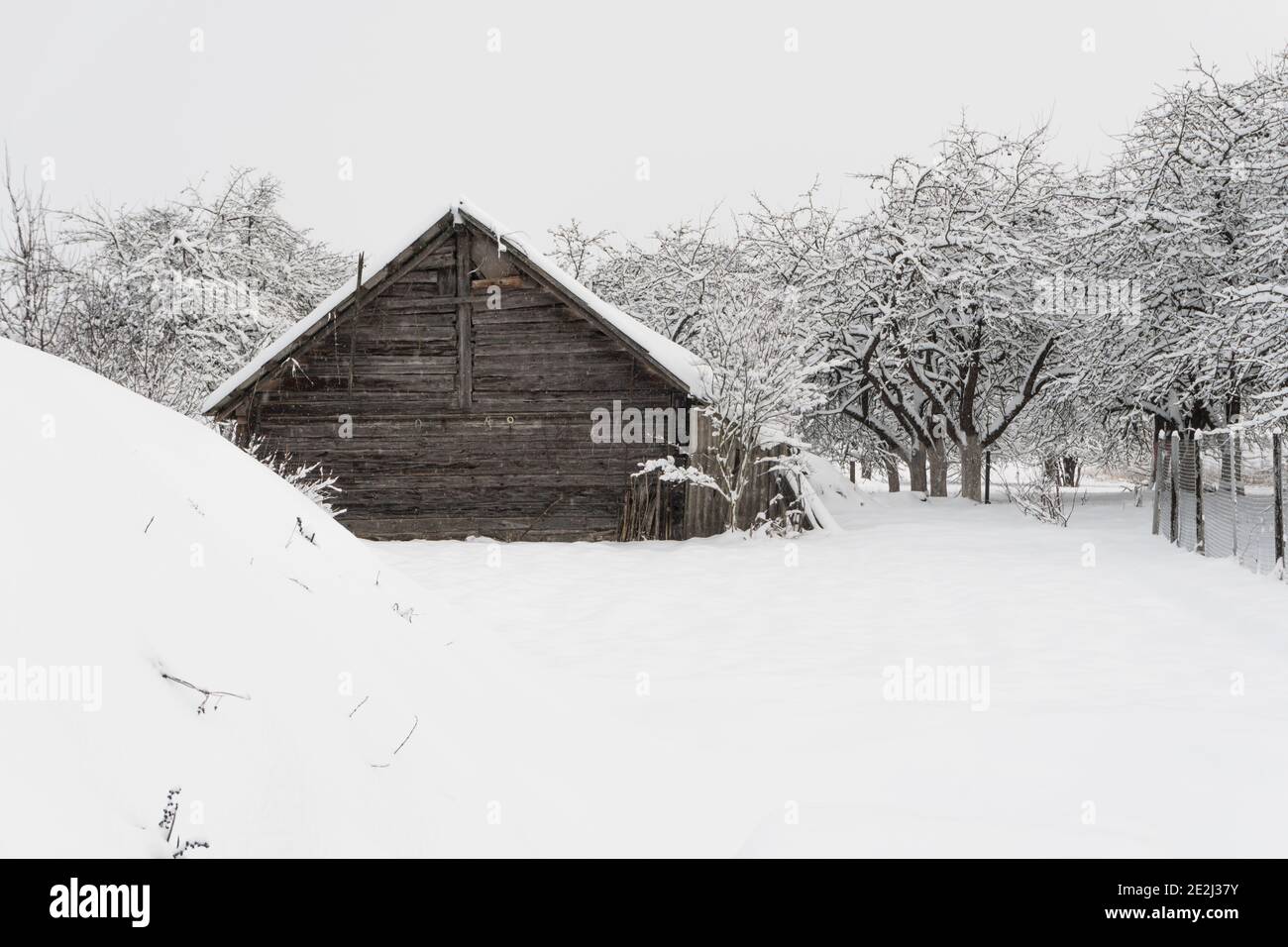 Ancienne grange rustique couverte de neige dans un village en hiver, beaucoup de neige en hiver dans la campagne Banque D'Images