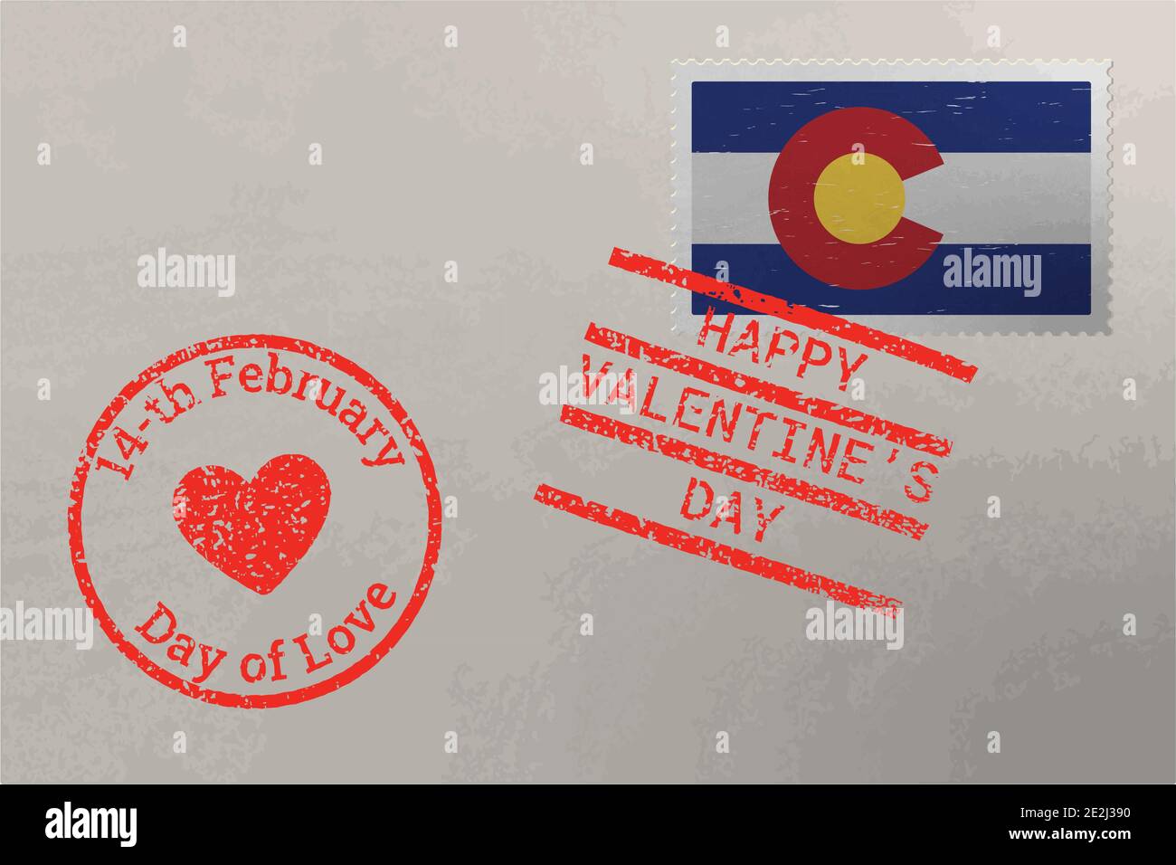 Enveloppe de timbre-poste avec drapeau américain du Colorado et timbres de Saint-Valentin, vecteur Illustration de Vecteur