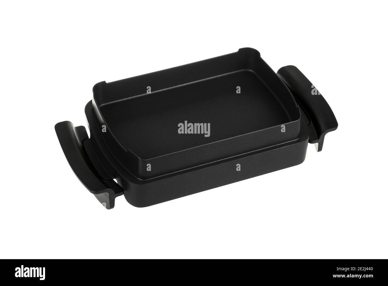 Plat de cuisson rectangulaire noir avec revêtement antiadhésif isolé sur fond blanc. Banque D'Images