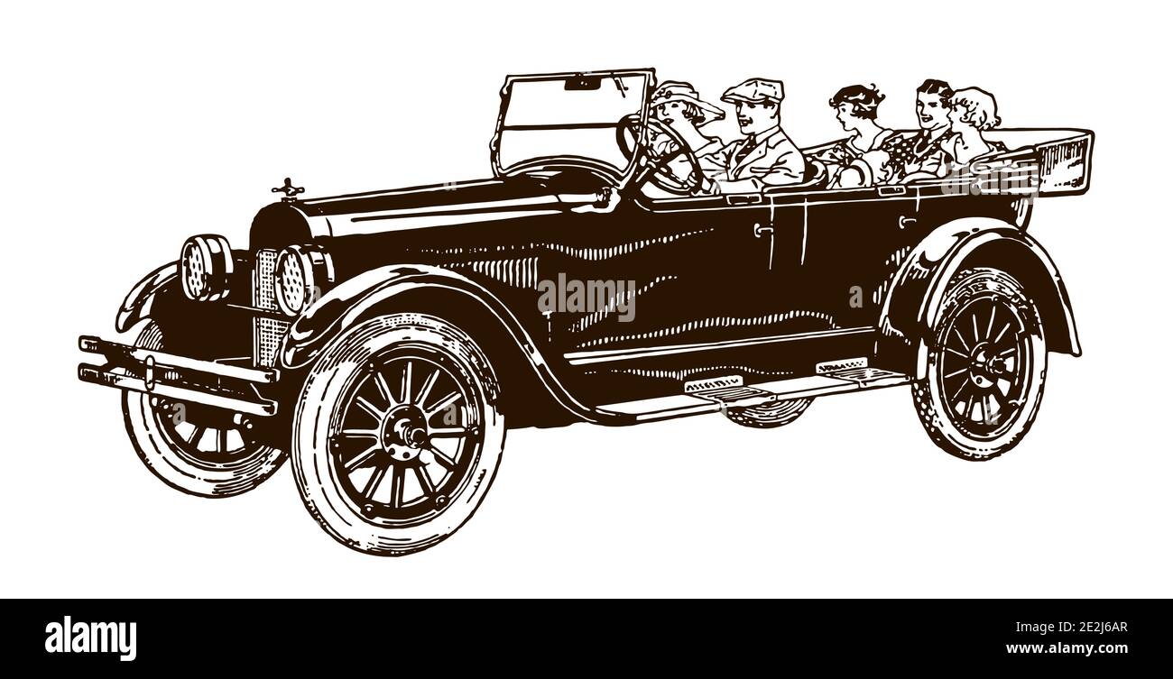 Une voiture de tourisme d'époque avec cinq passagers, après un dessin antique du début du XXe siècle Illustration de Vecteur