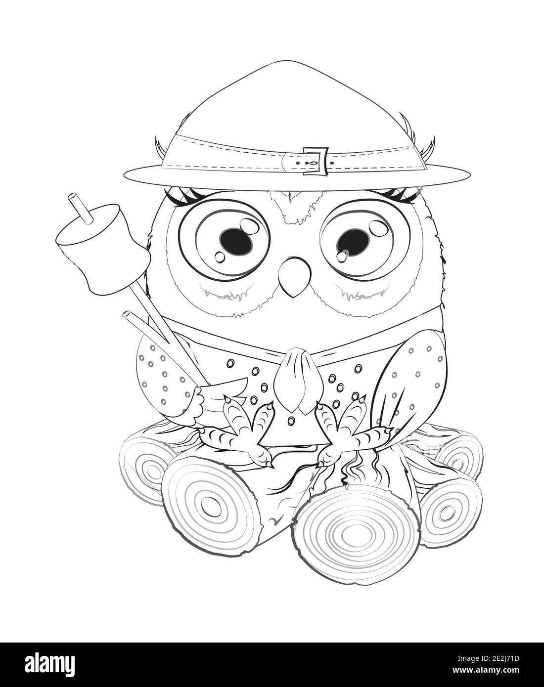 Livre de coloriage mignon vecteur hibou scout dans un chapeau avec guimauves sur le bâton sur les bûches, image à la main dessin style, pour t-shirt port mode imprimé, g Illustration de Vecteur