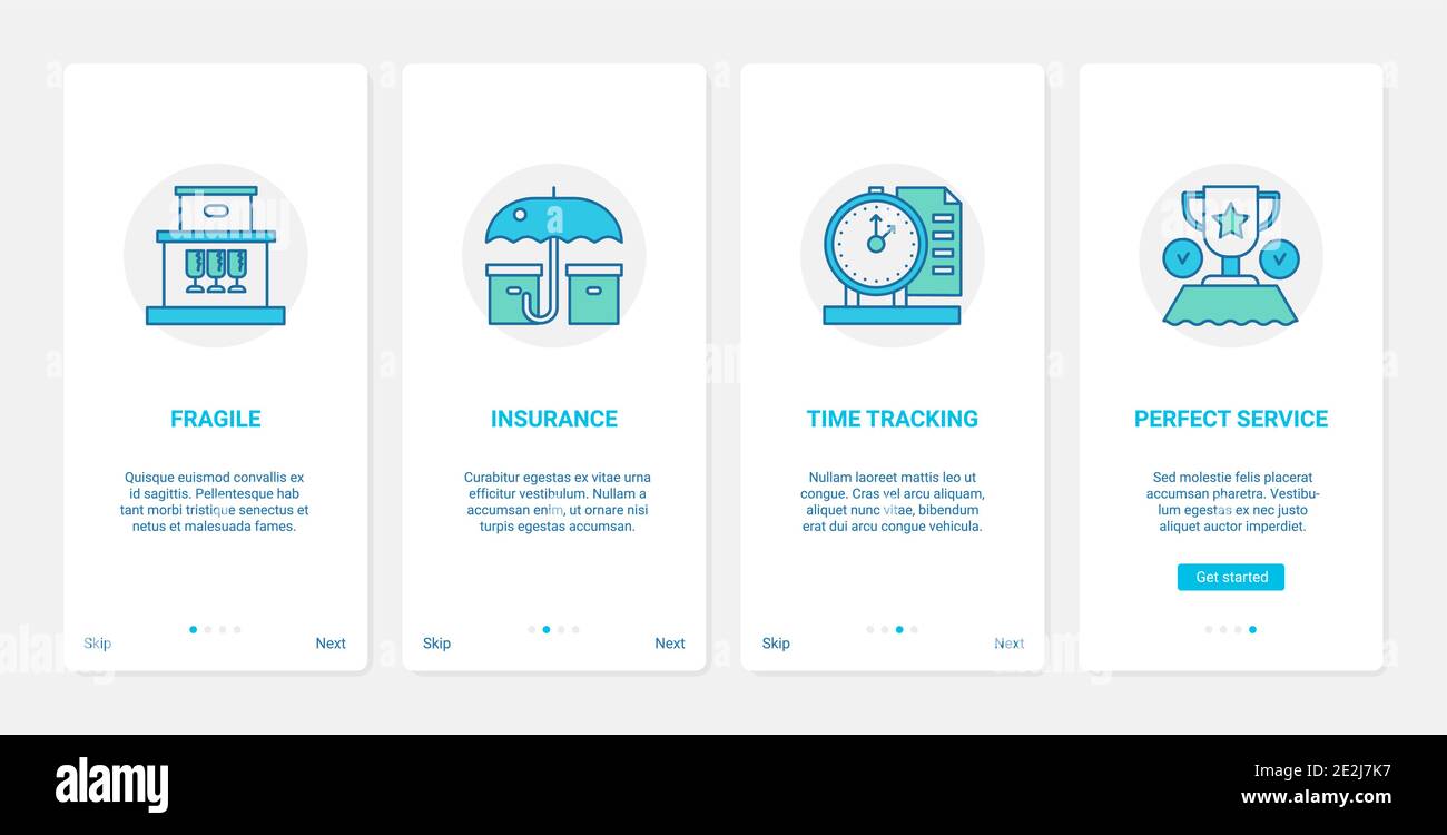 Service de livraison, illustration du vecteur de temps de transport. UX, UI Onboarding mobile application page set avec ligne d'assurance de fret, livraison de marchandises fragiles, gestion du temps, suivi des symboles de commandes Illustration de Vecteur