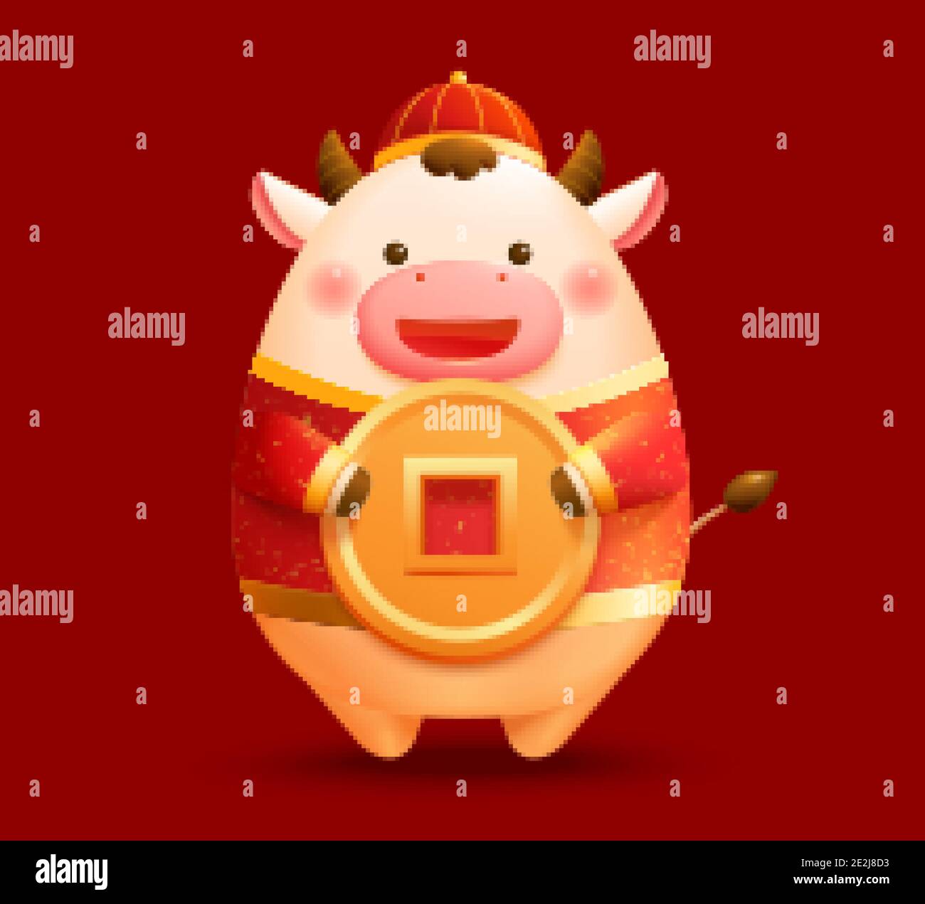 Adorable vache portant un costume de style chinois et tenant un géant pièce de monnaie dorée sur fond rouge Illustration de Vecteur