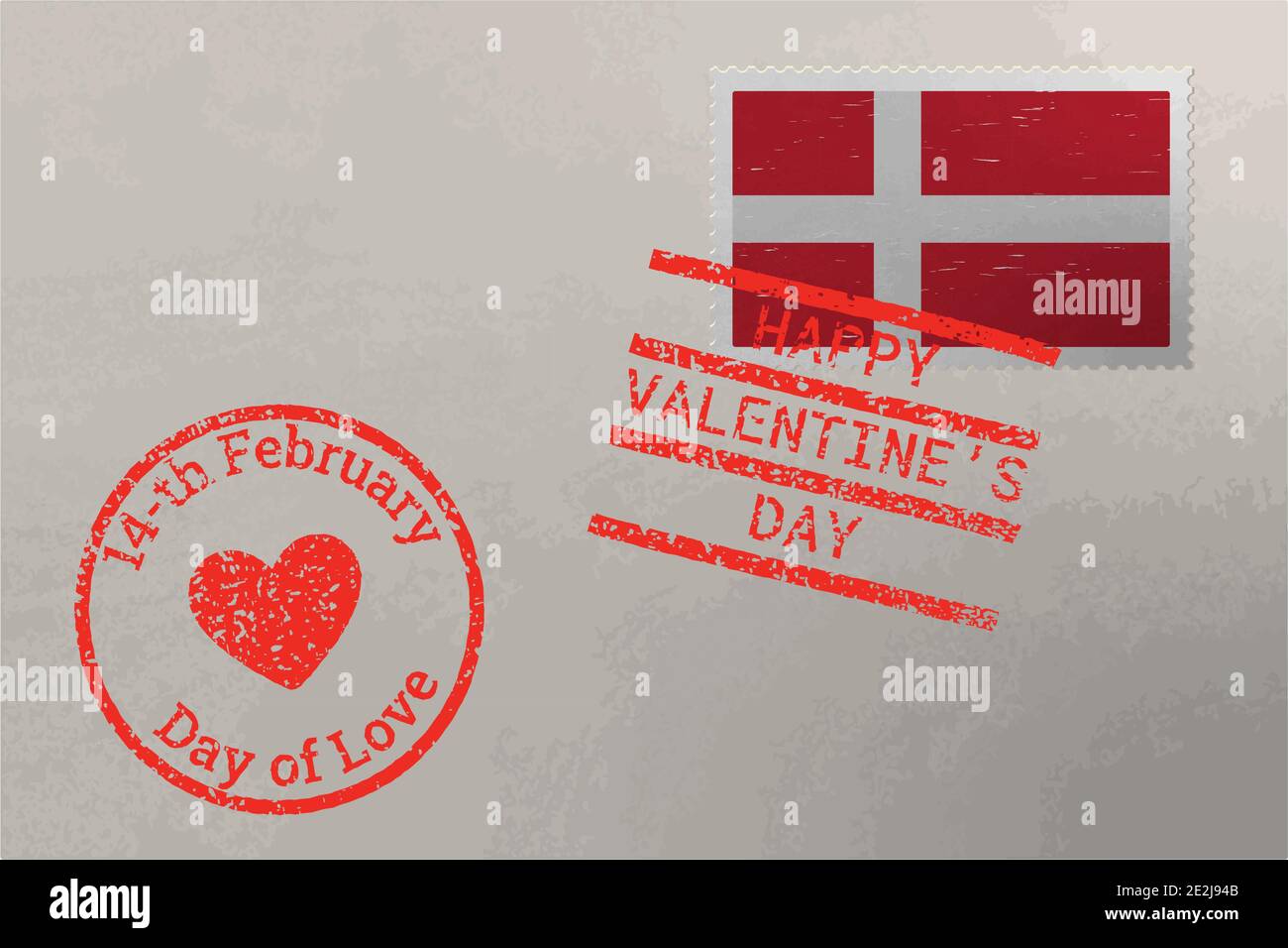 Enveloppe de timbre-poste avec drapeau du Danemark et timbres de Saint-Valentin, vecteur Illustration de Vecteur