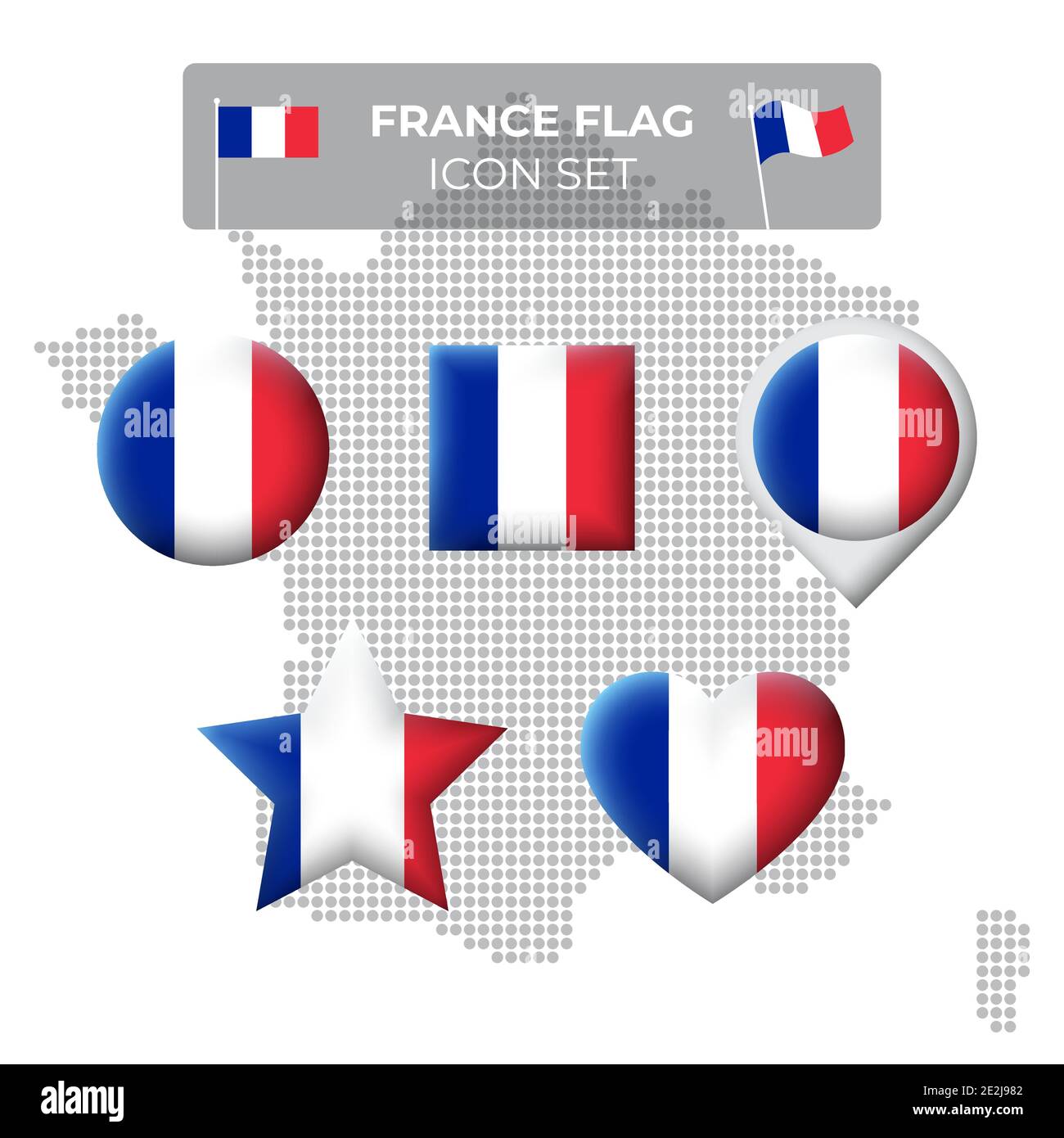 Icônes de drapeau de France en forme de carré, coeur, cercle, étoiles et pointeur, marqueur de