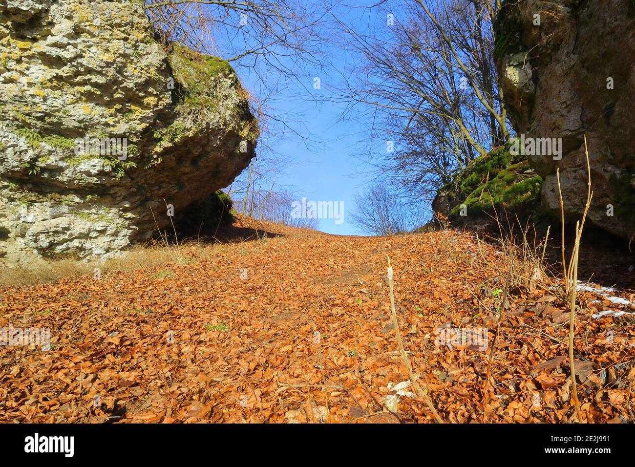 le chemin vers l'avant en haut de la colline à travers les rochers Banque D'Images