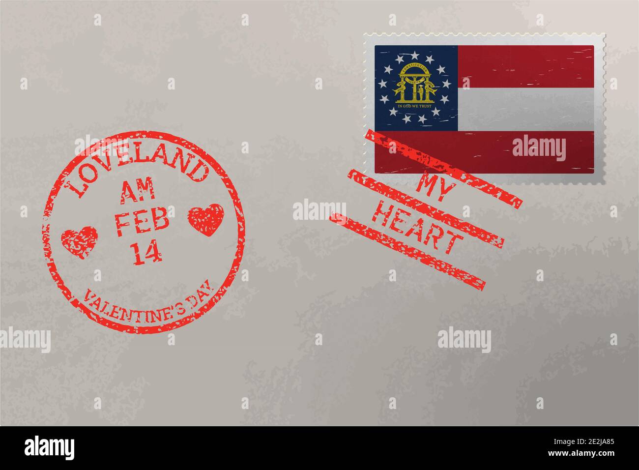 Enveloppe de timbre-poste avec drapeau américain de Géorgie et timbres de Saint-Valentin, vecteur Illustration de Vecteur