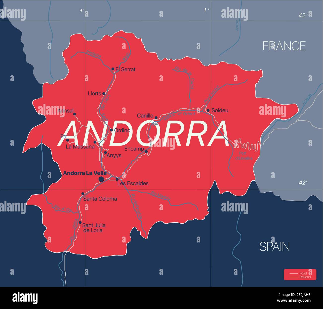 Andorre pays carte détaillée modifiable avec villes et routes. Fichier vectoriel EPS-10 Illustration de Vecteur