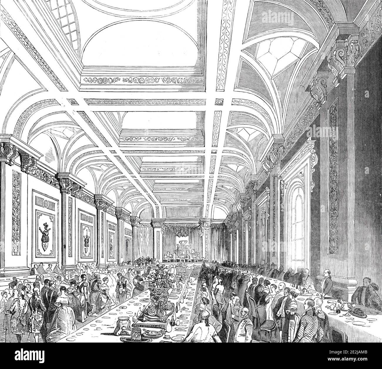 Lloyd's Subscription Room - tel qu'il est apparu à l'entrée de sa Majesté, 1844. La reine Victoria visite la compagnie d'assurance Lloyd's dans le bâtiment de la Bourse royale, ville de Londres. La chambre '... occupe toute la partie est de la zone des marchands, et est éclairée par trois fenêtres principales de ce côté, ainsi que six puits de lumière surélevés. Le revêtement des murs est conforme au style italien de l'ensemble du bâtiment, et le bouclier uni des bras de la ville de Londres et Trinity Corporation sont parmi les ornements visibles dans la salle, ses dimensions sont 98 pieds de long Banque D'Images