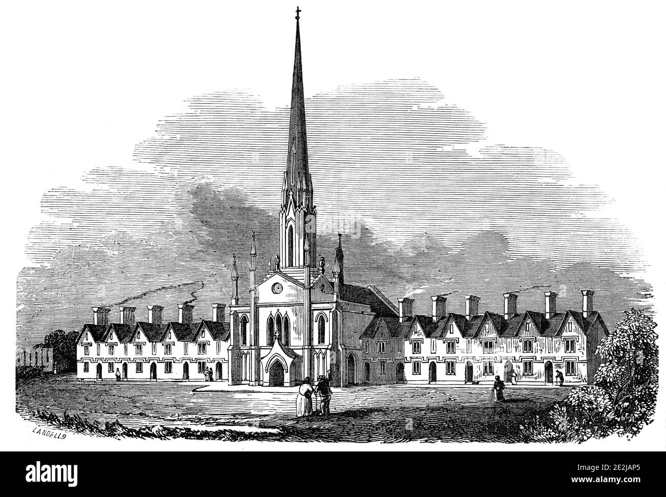 Nouvelles maisons d'alms à Northfleet, 1844. « ces bâtiments viennent d'être érigés à Northfleet [dans le Kent], d'après la conception de M. W. Chadwick, d'Adelaide-place, London-Bridge. La conception actuelle, cependant, ne comprend que douze logements - le nombre prévu étant quarante. Ils ont été construits à partir des fonds privés de M. John Huggins, de Sittingbourne, dans le Kent, et sont destinés aux refuges pacifiques des personnes qui, dans un langage commun, « ont vu de meilleurs jours »; chacun d'entre eux doit recevoir, en plus de cette demeure, une pension de vingt et un shillings par semaine. Au centre se trouve une chapelle, Banque D'Images