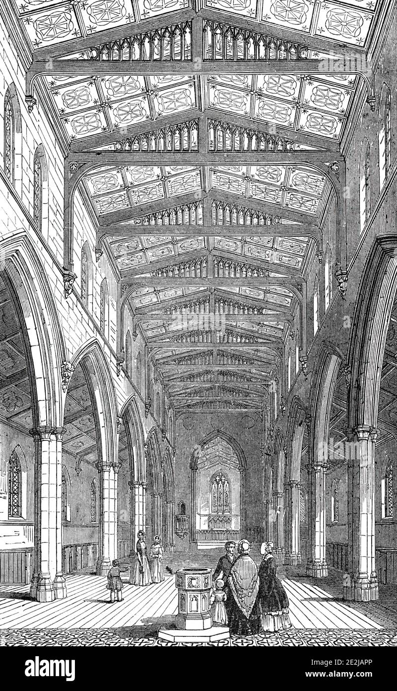 Intérieur de la nouvelle église Sainte-Marie, Herne Hill, 1844. Eglise du sud de Londres: 'Cette structure très embelli (des dessins de MM. Stevens et Alexander)&#xa0;vient d'être achevée... les passages principaux et le chœur sont revêtus de carreaux encaustiques de diverses couleurs... l'ensemble de la tuile et de la porcelaine est la dorure de M. Garrett, De la firme de Copeland et Garrett, de Lincoln's-inn-fields.le travail de tuile est un spécimen très fin de l'art, et est le premier du genre jamais exécuté... l'ensemble du plafond est divisé en panneaux, par des poutres moulées et de la tracerie gothique. Après t Banque D'Images