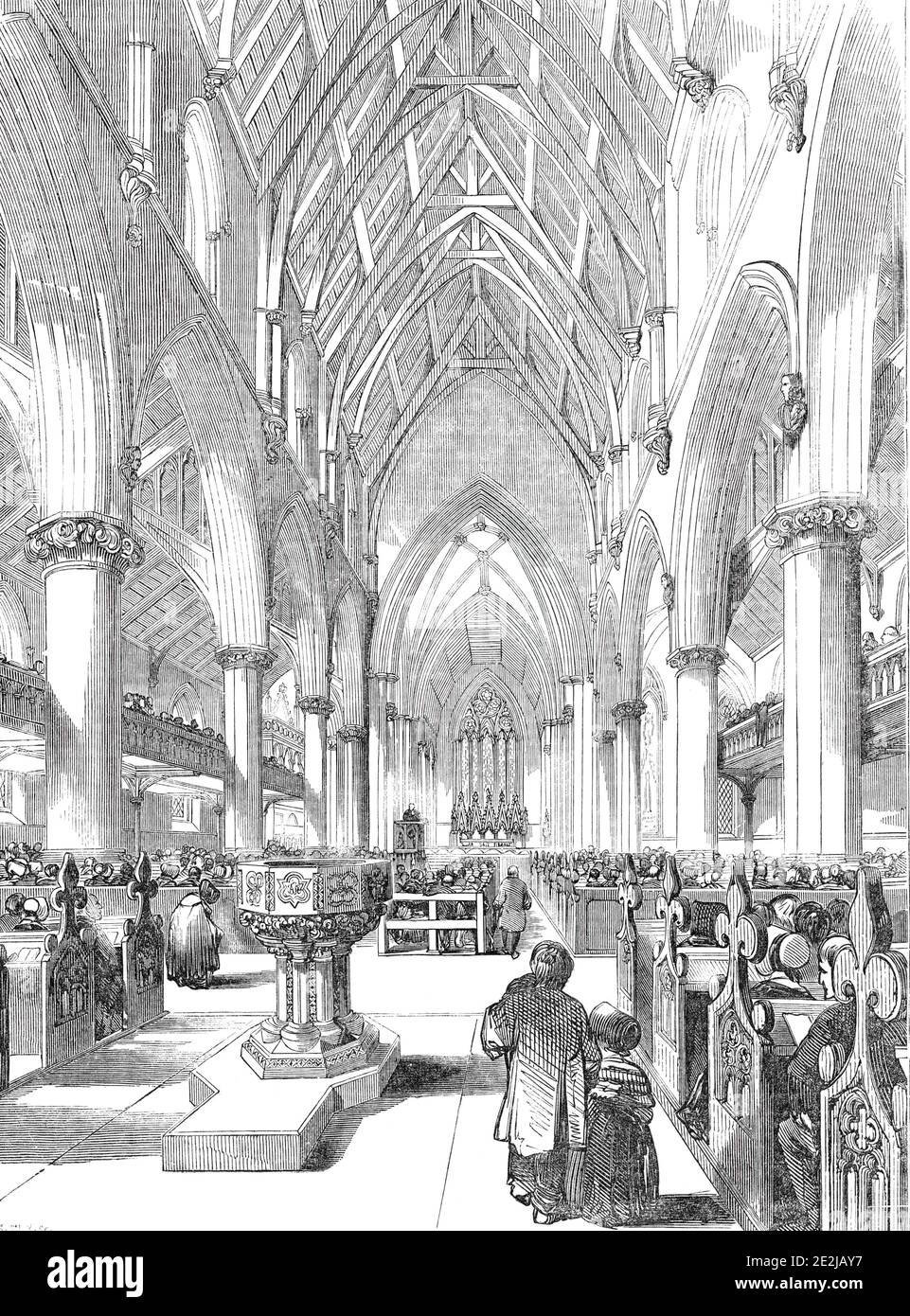 Intérieur de l'église Saint-Giles, Camberwell, 1844. Adorateurs dans une église nouvellement construite dans le sud de Londres, avec la police au premier plan. « le chœur est équipé de stands ouverts, avec des têtes de coquelicot sculptées avec soin, et un chêne de chaque côté ». De "Illustrated London News", 1844, vol V. Banque D'Images