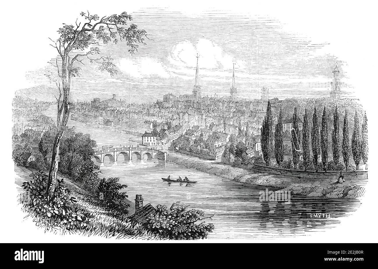 Shrewsbury, du Severn, 1845. La ville de Shrewsbury dans le Shropshire est '... située sur deux déclinvations douces, et est formée par la rivière Severn dans une péninsule, quelque peu en forme de fer à cheval, ayant un isthme à moins de 300 yards de l'autre. De "Illustrated London News", 1845, vol VII Banque D'Images