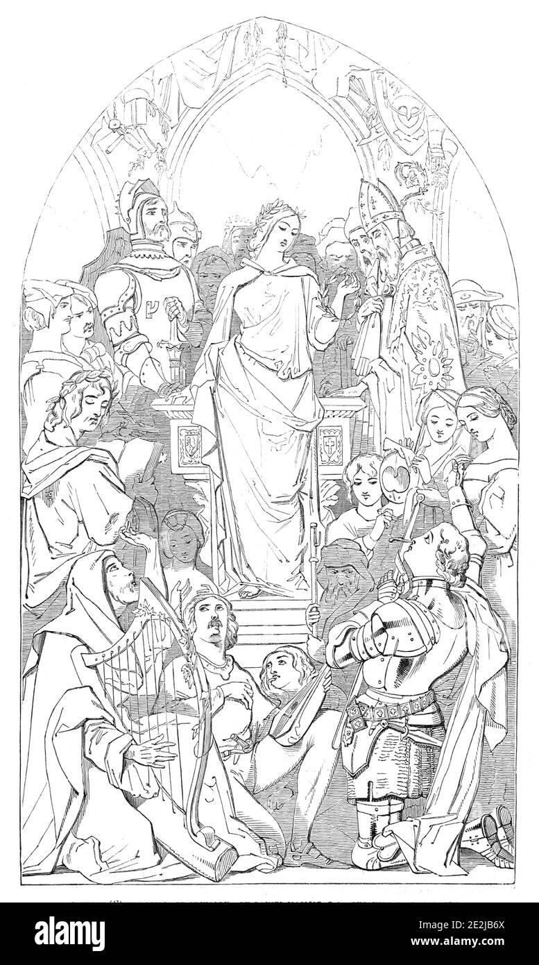 Caricature (41) l'Esprit de Chivalry - par Daniel Maclise, R.A., exécuté par commission, 1845. Description par l'artiste: 'L'Esprit, ou "personnification", de Chivalry est entouré par des hommes de divers occupations... qui représentent... l'acquisition finale de ses honneurs et récompenses. En dessous, comme n'ayant pas obtenu, bien qu'à la portée de la Couronne, un jeune Chevalier se vère aux services de chevalerie, assisté par sa page, et invité par la faveur de sa Dame. Outre... d'autres figures sont présentées, pour relier la représentation abstraite de Chivalry à sa reconnaissance générale de l'influence intellectuelle Banque D'Images