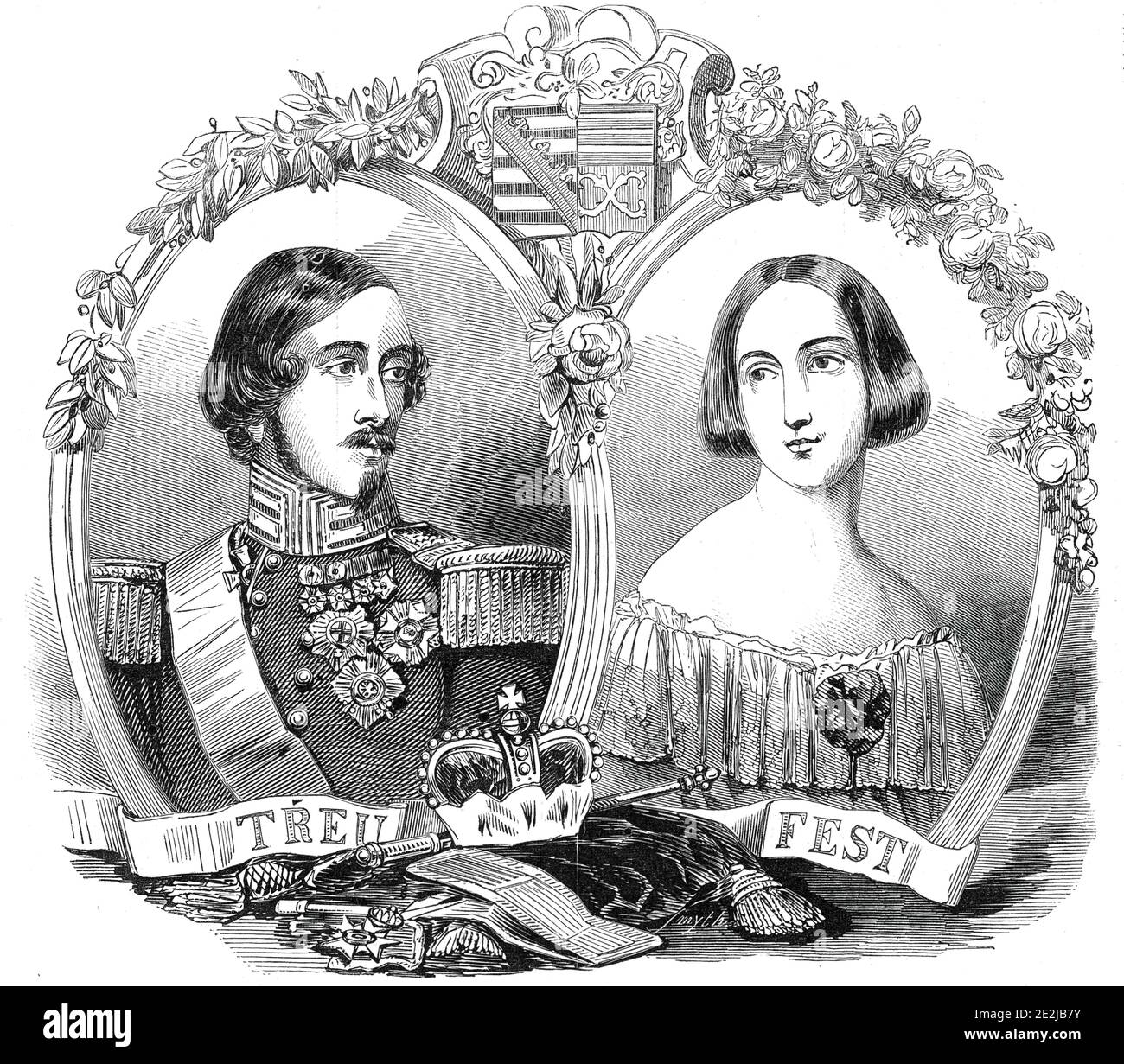 Duc et duchesse régnant de Saxe-Coburg-Gotha, dessiné par Baugniet, 1845. Portrait d'Ernst II et de la princesse Alexandrine. Ernst était le frère du Prince Albert, qui était marié à la reine Victoria. De "Illustrated London News", 1845, vol VII Banque D'Images