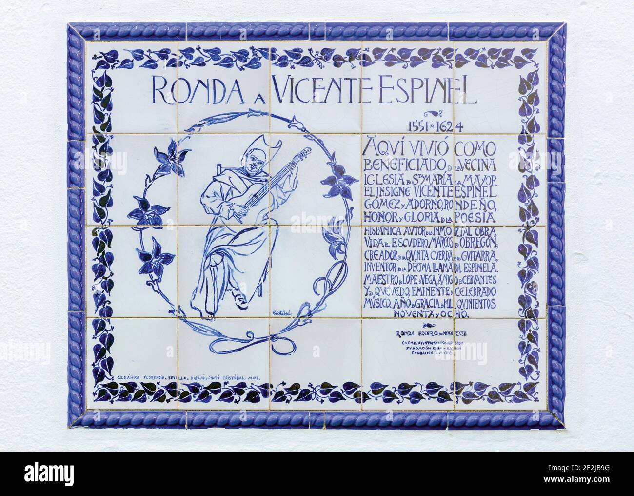 Plaque commémorant Vicente Espinel à Ronda, province de Malaga, Andalousie, Espagne. Espinel, nom complet Vicente Gómez Martínez-Espinel, 1551 - 1624, était Banque D'Images