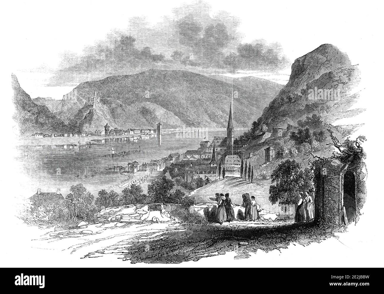 Saint Goar, sur le Rhin, 1845. Une petite ville dans la gorge du Rhin en Allemagne. T. Goar, une post-ville... se trouve au milieu des gloires du Rhin, en vue de certaines de ses plus belles scènes; et est donc un endroit très souhaitable pour les touristes à s'arrêter pour une journée. Les vues dans ses environs sont parmi les plus pittoresques dans tout le cours de la rivière, et les rochers qui l'ourlet sur les deux côtés sont subliment sauvages et précipitées. Le château de Rheinfels, d'apparence magnifique, et intéressant de son histoire, récompense les ennuis de l'ascension, par la vue enchanteresse qu'il commande". De &q Banque D'Images