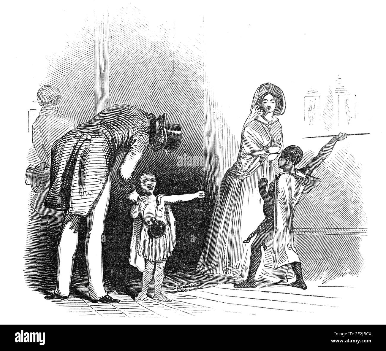 Bushman Children, Egyptian Hall, Piccadilly, 1845. Les enfants de San étant exposés comme curiosités à Londres. 'Deux Bushmen... des enfants ont récemment été amenés de l'intérieur de l'Afrique... la femelle a trente-deux pouces de haut, et huit ans; et le mâle seulement quarante quatre pouces de hauteur, bien que presque plein, et seize ans. Ils portent la robe de leur tribu (Hottentots), ils lancent une lance, dansent et amp;c; le Bushman, en tant que caporal de l'armée, passe par le Manuel et Platoon Exercises; et la jeune fille Bush apparaît comme la femme d'un soldat; et leurs nombreuses prouesses sont très amusées Banque D'Images