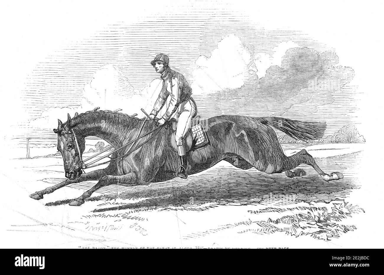 Le Baron, vainqueur du Grand Saint-léger 1845 - tiré par Herring, 1845. Cheval de course et jockey Frank Butler: '...un portrait du gagnant de "The Doncaster St. léger", tiré pour cette revue par M. J. F. Herring. "Le Baron" est un cheval noir de chesnut, d'environ 15 mains de 3 pouces de haut; sa tête est forte et poney, le front projette; mais le nez s'incline et les couches; son cou est assez court, et léger, les épaules fines, et les flétrisseurs hauts. Il n'est en aucun cas un cheval doué, mais c'est ce que l'on appelle "l'apparence wiry". Il est la propriété de M. Watts, de Jockey Hall, Kildare, de wh Banque D'Images