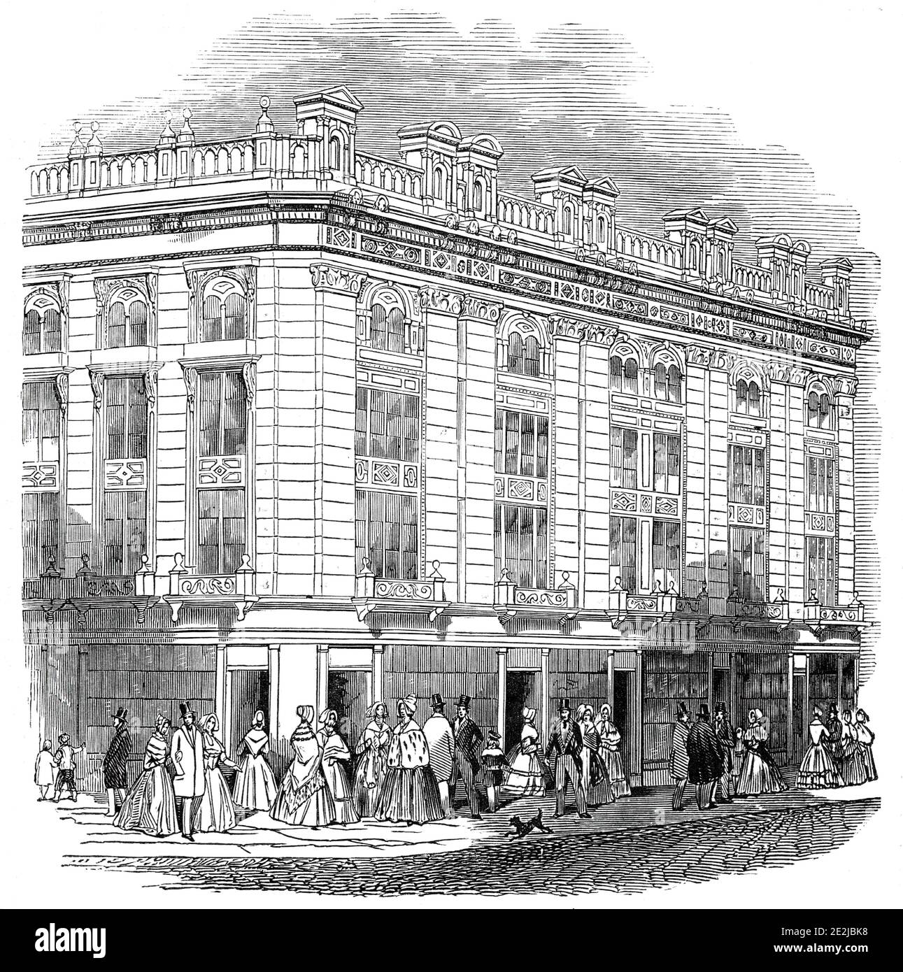 Améliorations à Londres - New Coventry Street, 1845. 'New Coventry-Street... se compose, d'un côté, d'une pile de maisons très embellies, des dessins de M. Charles Mayhew. La partie supérieure est abondamment décorée dans une sorte de goût cinque-cento, et l'effet est certainement imposant. La largeur de la rue est de 60 pieds... nous comprenons que les commissaires à l'amélioration ont l'intention de poursuivre cette ligne... ouvrant ainsi une avenue noble longtemps voulue du nord au sud de Londres... les plans seront réalisés par M. Barry, le célèbre architecte, et, combiné avec les nouvelles rues, ni Banque D'Images