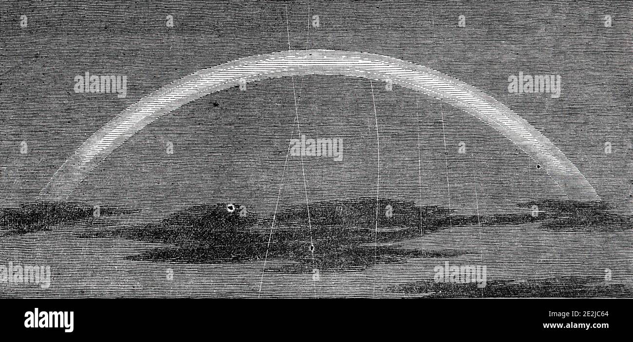 Arc-en-ciel lunaire, 1844. Arc-en-ciel produit par la lumière du soleil plutôt que par la lumière directe du soleil: '... ce phénomène rare a été vu par un correspondant à Highfield House, Lenton, Notinghamshire... à 7 h. 58 m. P.M. this...beautiful l'objet était visible. Il n'a pas exposé de couleurs prismatiques, étant d'une teinte argentée. L'arc a été étiré à travers un nimbus dense en N.E., le sommet s'étendant presque au zénith. Ciel couvert, à l'exception d'une petite partie à l'ouest, près du zénith, au-dessus de laquelle de minces cirrocumuli rapidement passé. L'arc a disparu à 8 h. 5 m. P.M. ». De « Illustrated London News », Banque D'Images