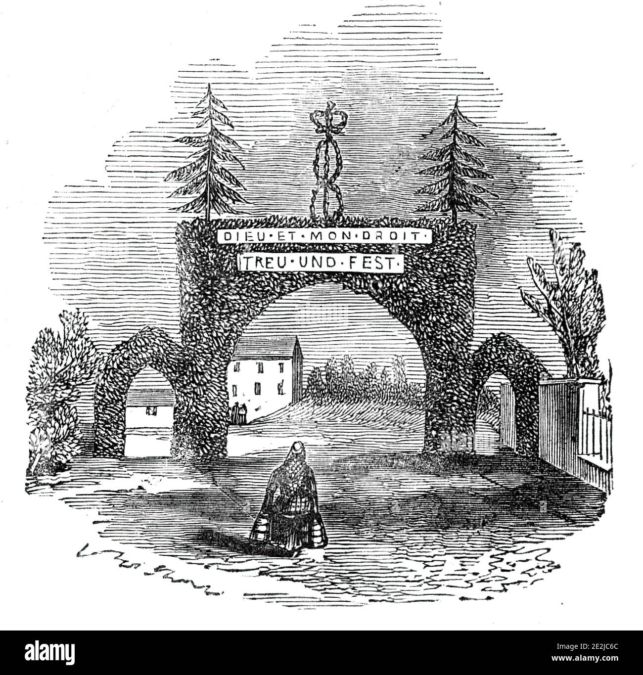 Arch. À Coupar Angus, 1844. Vue sur une « arche festale » dans la ville de Coupar Angus en Écosse, érigée en l'honneur de la reine Victoria et du prince Albert qui séjournaient au château Blair voisin. 'Dieu et mon droit' [Dieu et mon droit], est la devise du monarque du Royaume-Uni. 'Treu und feat' [loyal et sûr], est la devise du 11ème hussars (le prince Albert lui-même). De "Illustrated London News", 1844, vol V. Banque D'Images