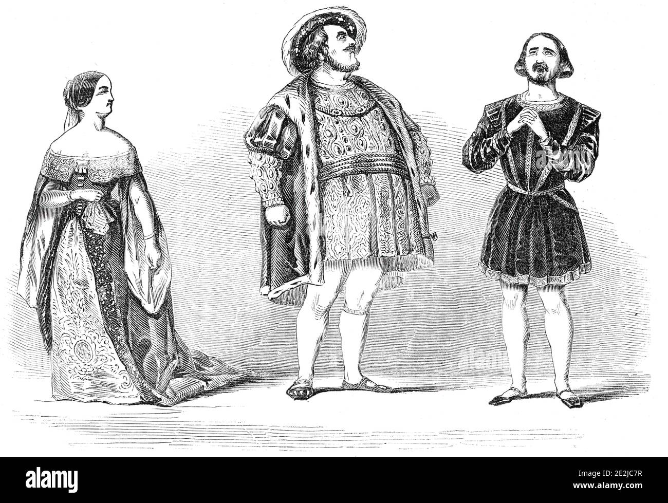 Scène de "Anna Bolena", au théâtre de sa Majesté, 1844. Opéra de Donizetti, interprété à Londres par Giulia Grisi, Luigi Lablache et Luciano Mariani: «aucun homme ne peut mieux exprimer les abandons tendres de l'âme à l'amour, à l'espoir, ou à la joie, que Moriani, alors que, d'autre part, frénésie et désespoir qu'il peut décrire avec la même vérité, Mais avec une énergie plus palpitante... peut-être était-il un peu enféebré dans la voix du précédent sur-effort, mais son action énergique était toujours sans faille, qui, s'est joint à la hautueur de Lablache et à l'indignation sincère de Grisi, a formé un tableau d'une beauté dramatique... le Banque D'Images