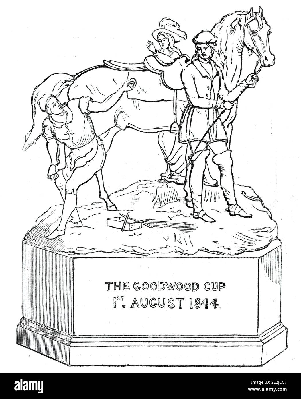 Prix - "la coupe", 1844. Trophée de cheval donné comme un prix à l'hippodrome de Goodwood: '... un groupe en argent, d'un dessin de M. F. Howard, le cheval étant modelé par M. Macarty, Et l'ensemble exécuté sous la supervision de M. BDaily, R.A., la composition représente un passage bien connu, dans la fuite de Charles II, des Cromwellites, après la défaite des Royalistes, à la bataille de Worcester. Le passage dans les aventures périlleuses du "navire de soute", est celui dans lequel Charles, déguisé comme un serviteur, a été à cheval de la maison du colonel Lane à la mer-C. Banque D'Images