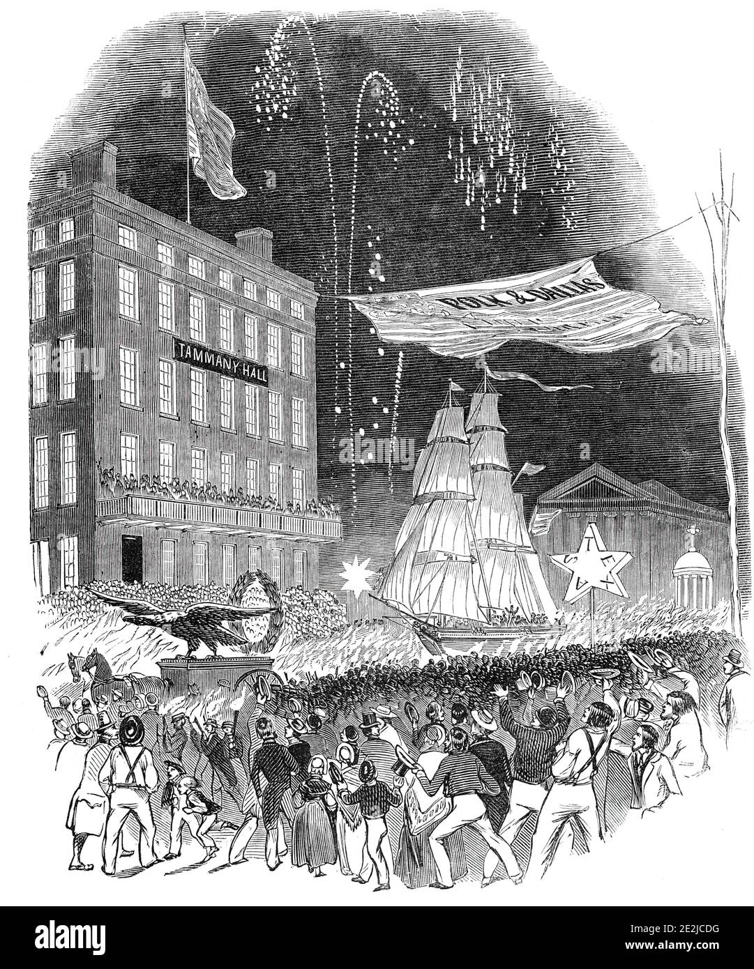 Procession au flambeau à New York, 1844. Un défilé tenu par des partisans de James KNOX Polk, vainqueur de l'élection présidentielle. "Le grand bâtiment à gauche de la vue est Tammany Hall, brillamment éclairé, les balcons remplis de la compagnie hurlant avec l'étendue; et les marches surpeuplés de spectateurs. De l'autre côté de la rue est suspendue, du grenier du hall à un jeune arbre en noyer, une grande bannière, inscrite avec le nom du candidat [s - Polk & amp; George M. Dallas]. Dans la procession se trouvent un grand aigle, soutenu par une couronne, un énorme navire, inscrit "libre-échange", et "S. Banque D'Images
