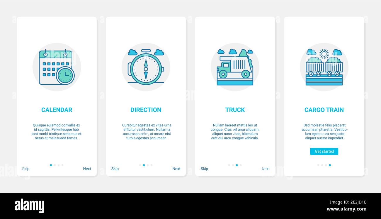 Illustration du vecteur de service de livraison. UX, écran de la page d'application mobile d'intégration de l'interface utilisateur avec transport de fret ferroviaire, expédition de fret par camion, planification de livraison dans les symboles du calendrier Illustration de Vecteur