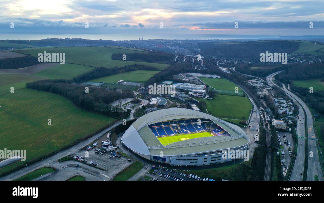 Vue aérienne du stade communautaire American Express Stade de Brighton & Hove Albion Copyright 2020 © Sam Bagnall Banque D'Images
