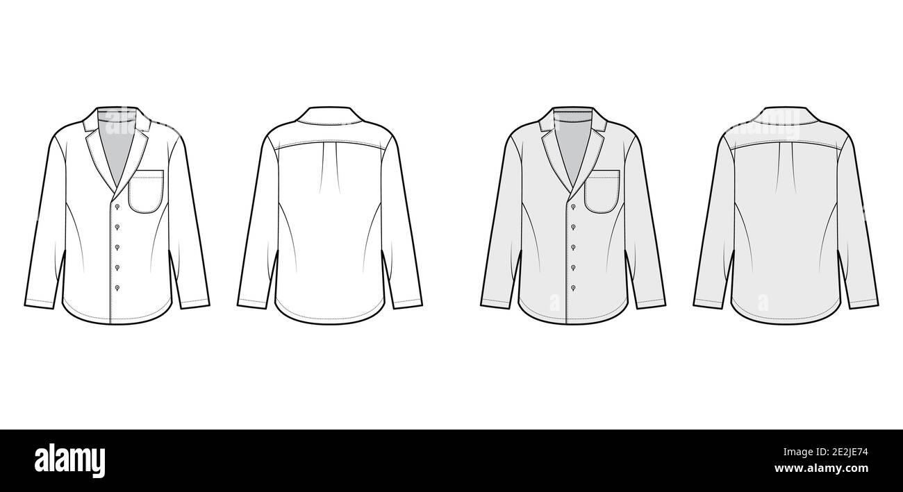 Chemise technique mode illustration avec coupe ample, col cranté pointu, boutons sur le devant, poche arrondie manches longues. Modèle de vêtement plat à l'avant du dos blanc de couleur grise. Femmes hommes unisexe haut Illustration de Vecteur